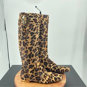 Tory Burch Calf Hair Uma Leopard Knee High Boots WOMENS Sz 8.5 Gold Logo